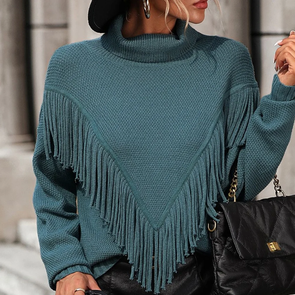 Esme Fringe Turtleneck Sweater - Teal - Picture 4 of 6